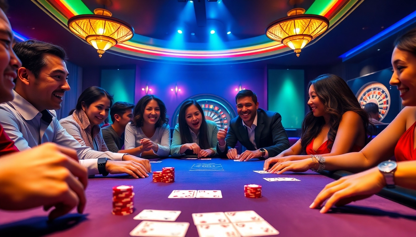 Players enjoying a high-stakes poker game at OK casino, showcasing vibrant chips and cards.