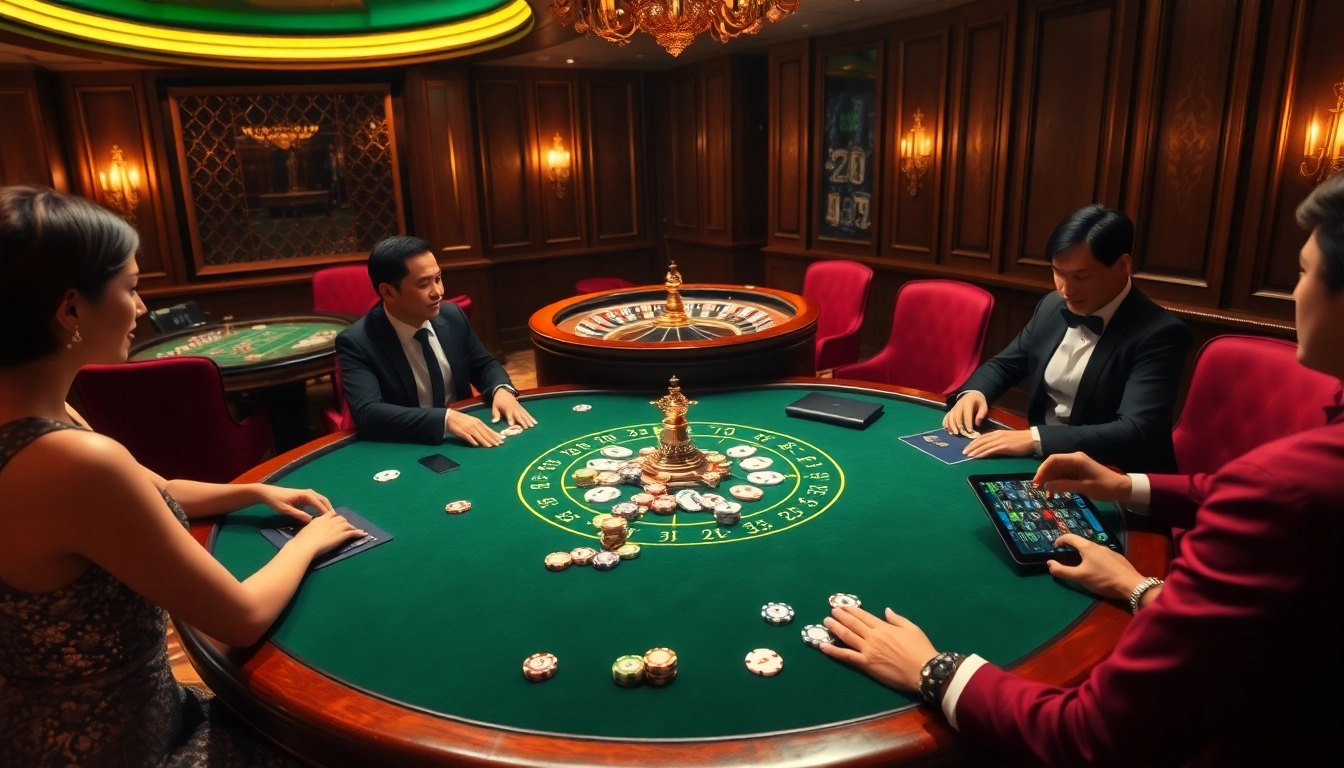 Engaged gamblers enjoying a game of poker at an upscale casino with a focus on the 28bet platform.