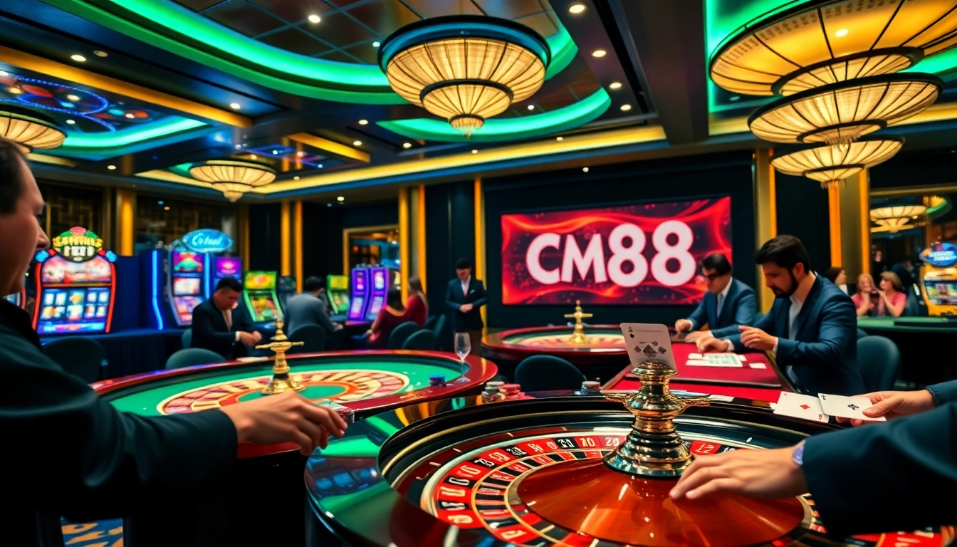 Experience the thrill of CM88 betting with vibrant casino scenery and excited gamblers!