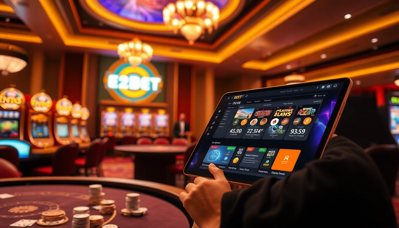 E2BET immersive online gambling experience with vibrant casino elements and a digital interface.
