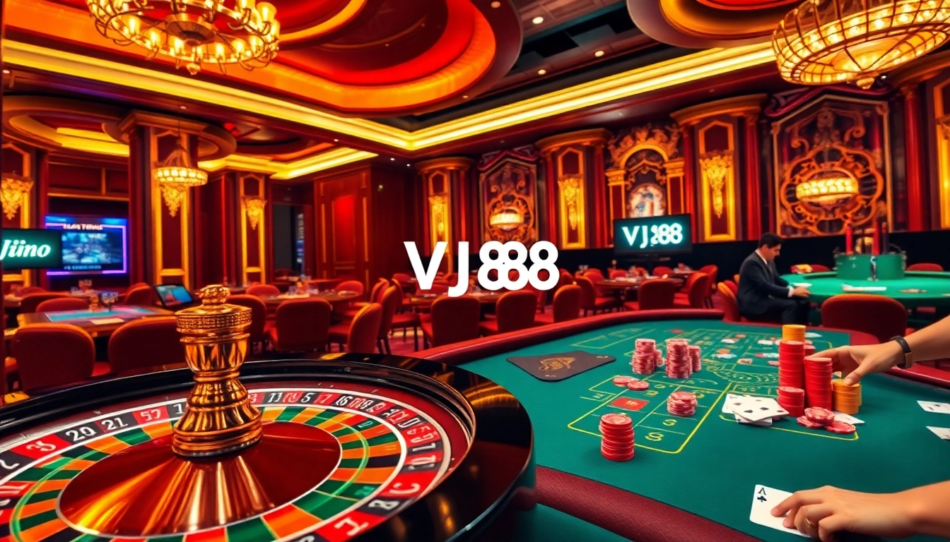 Experience the thrilling play at VJ88 casino with vibrant poker tables and exciting roulette games.
