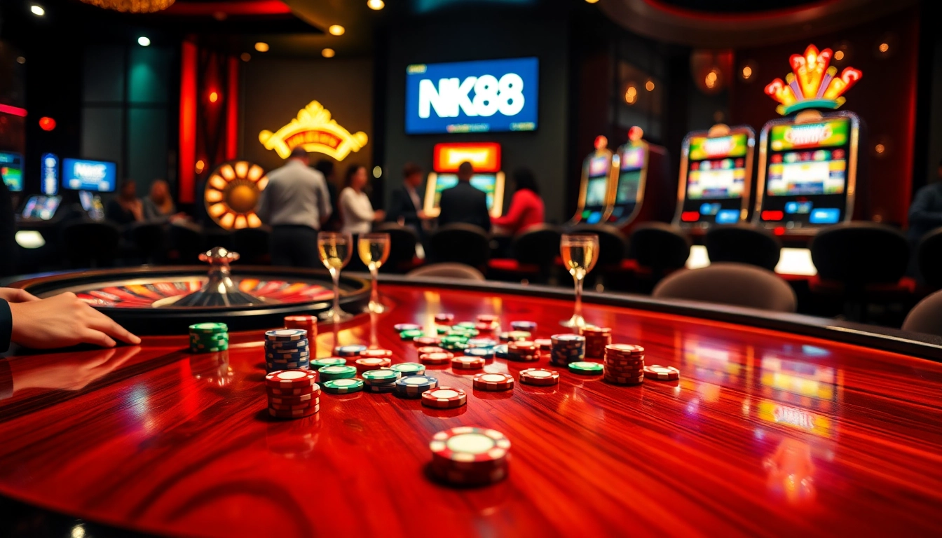 Experience the thrill of poker at NK88's luxury casino, showcasing vibrant tables and eager players.