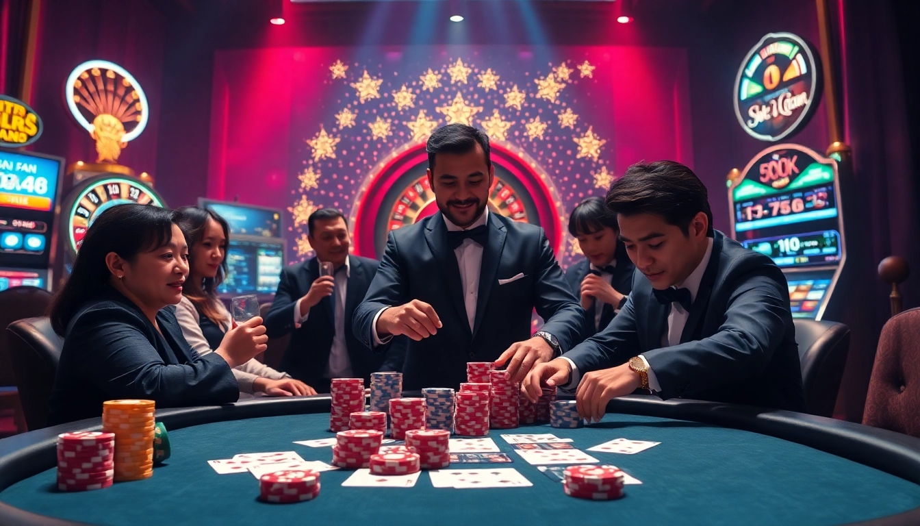 Experience the excitement of game bài đổi thưởng in a luxurious casino setting with poker tables and virtual betting elements.