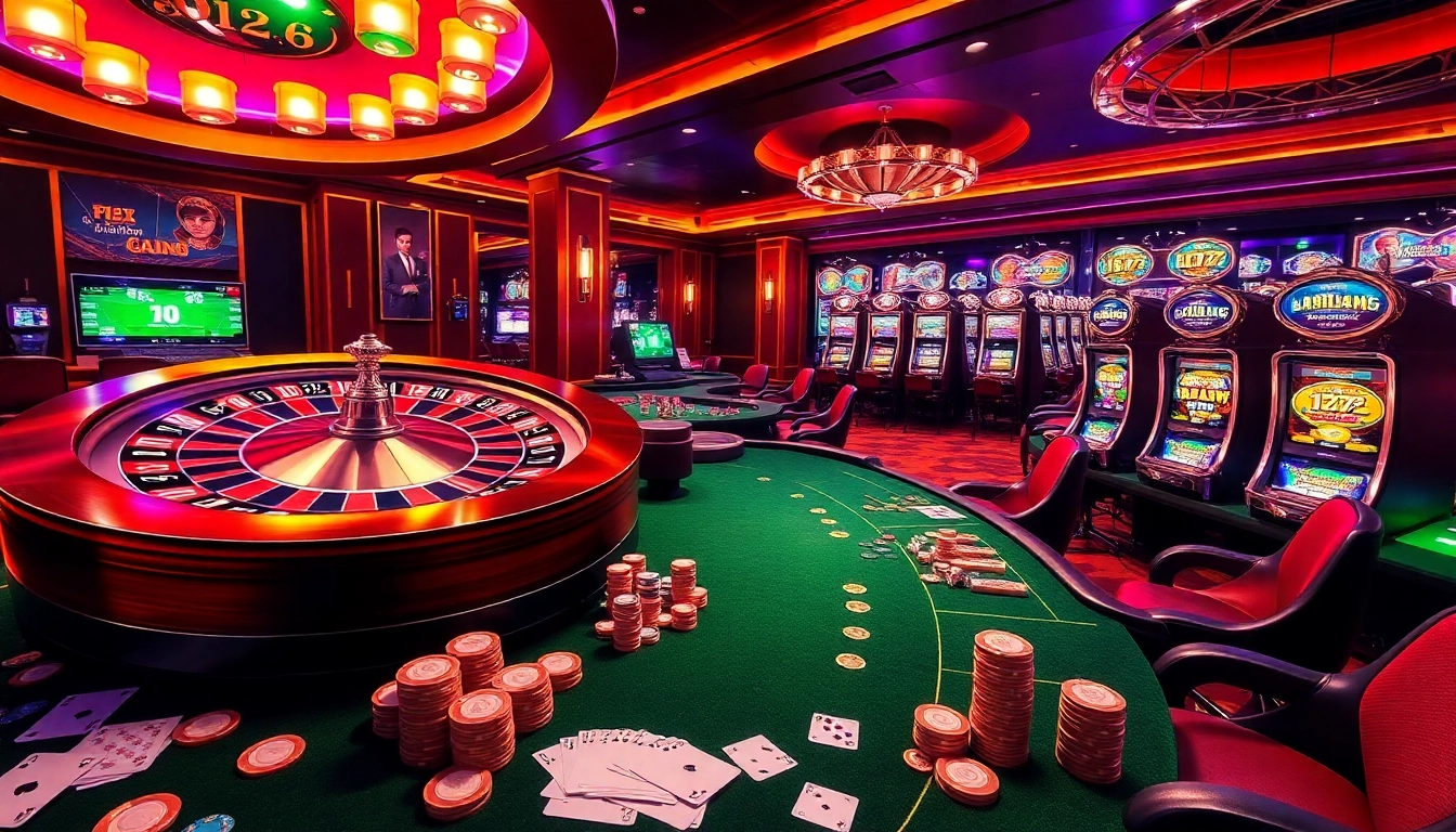 fun79 bet showcases an exciting casino scene with roulette, poker, and vibrant slot machines.