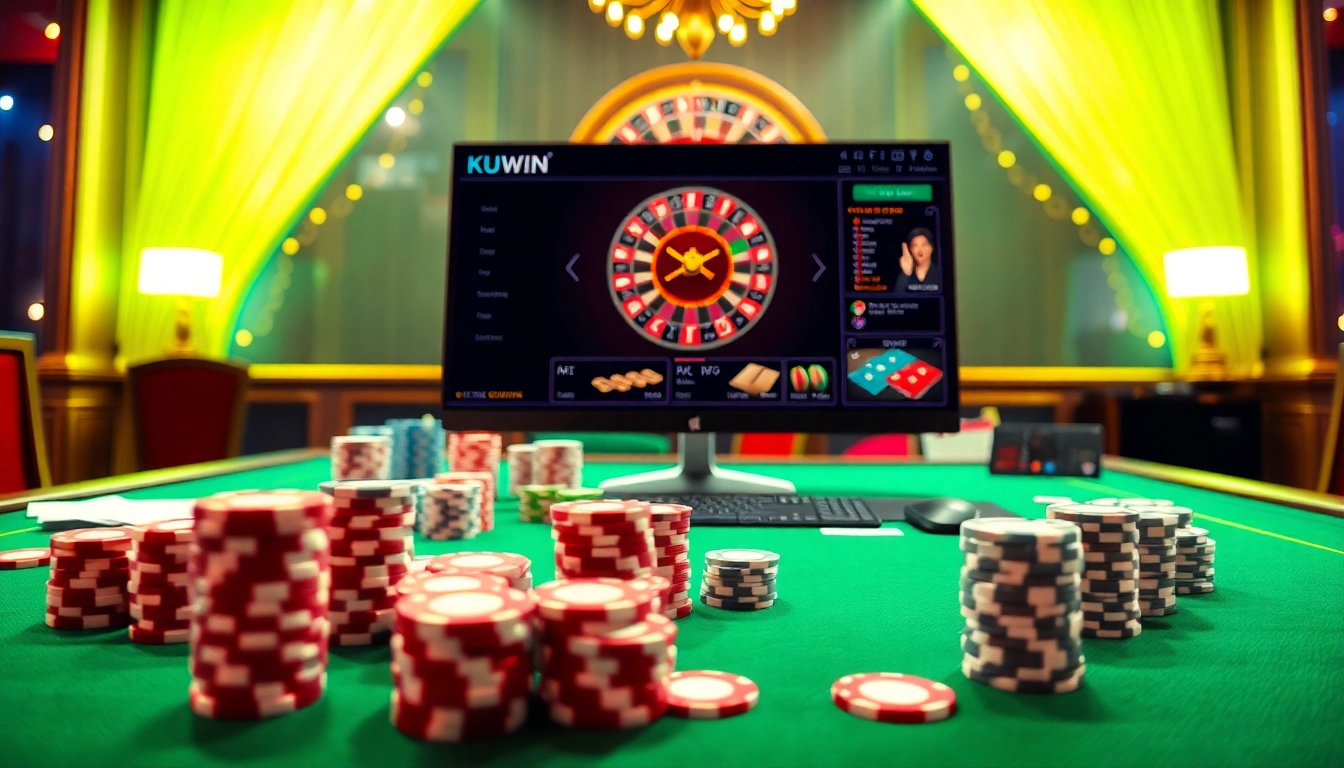 Kuwin enhances player excitement with a vibrant online casino atmosphere featuring poker chips and roulette.