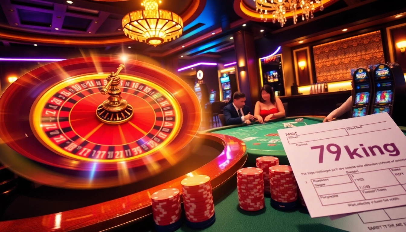 Experience the excitement of a high-stakes casino gambling scene at 79king, featuring poker tables and a roulette wheel.