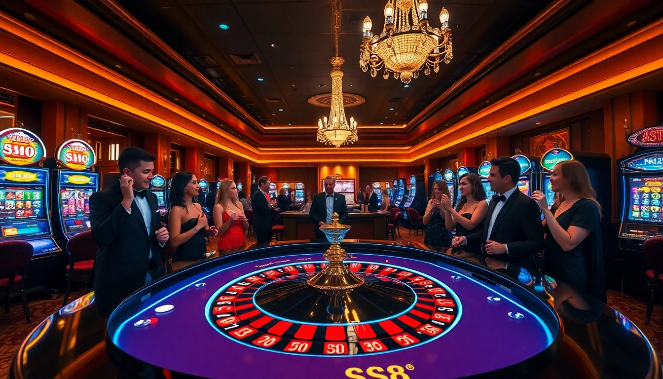 Excited gamblers play at an S8-branded roulette table in a luxurious casino.