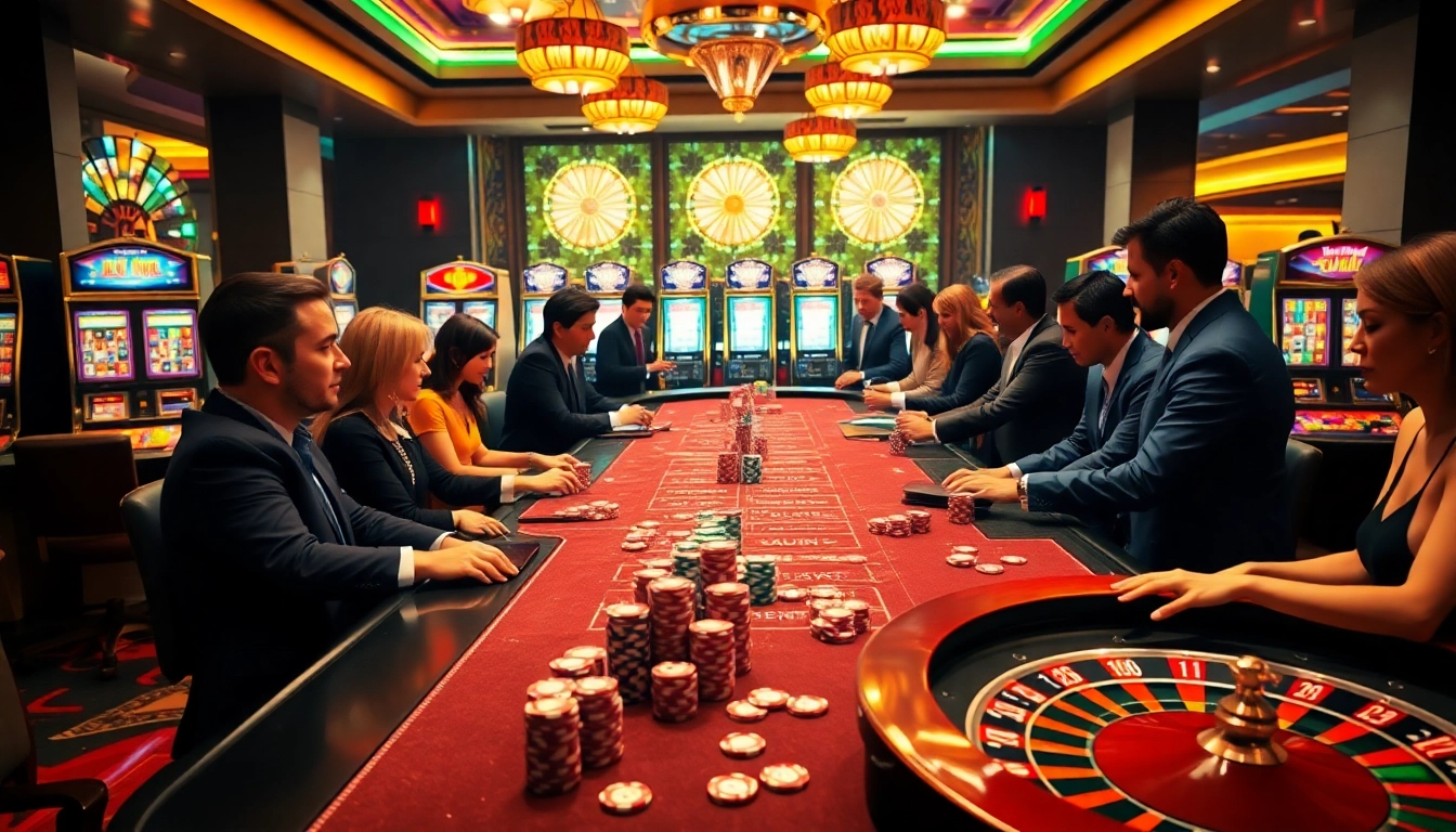 Players engaged in thrilling bets at a vibrant casino, showcasing exciting 88i gambling action.