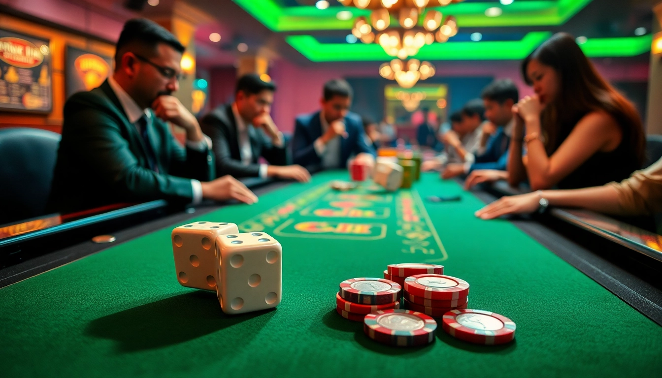 Tài xỉu md5 game table with vibrant chips and dice rolling during an exciting casino game.
