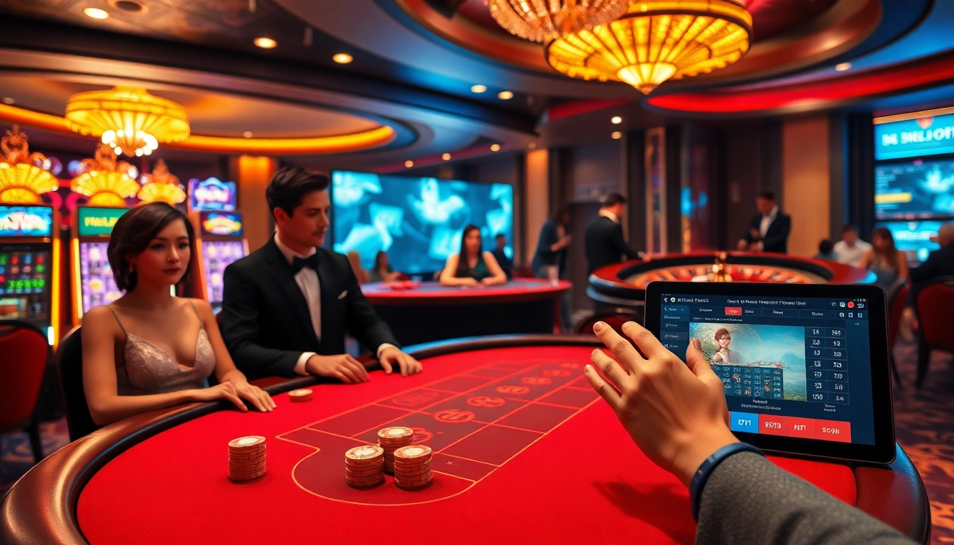 Exciting casino experience at https://jun88pl.com/ with vibrant players and luxurious gaming tables.