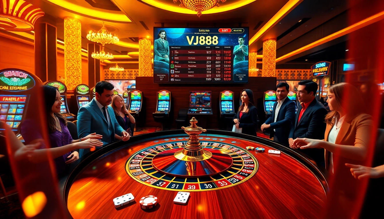 Players engaging at a vibrant casino table, highlighting VJ88 betting odds amidst a thrilling atmosphere.