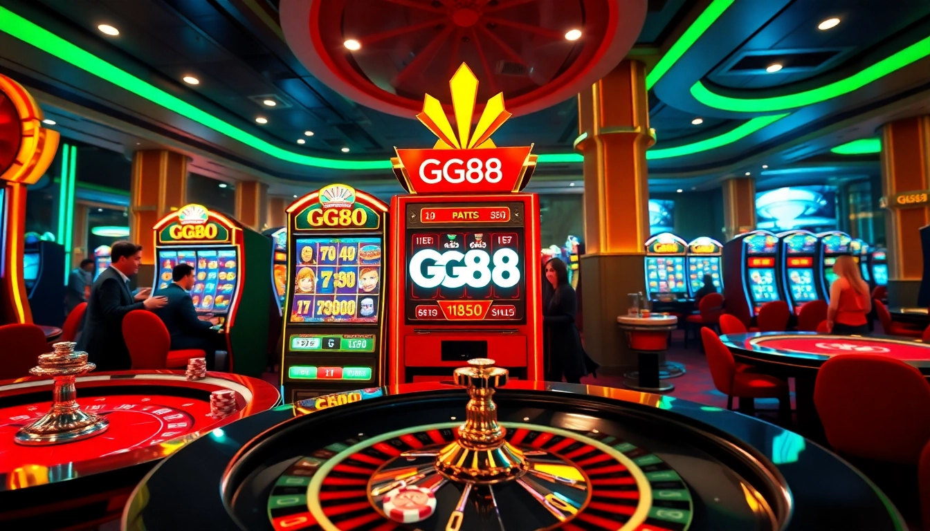 Experience the excitement of GG88 with a vibrant casino scene featuring a thrilling slot machine.