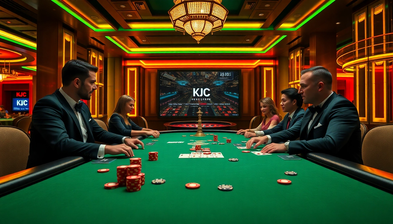 KJC poker excitement with players at a high-stakes table in a luxurious casino