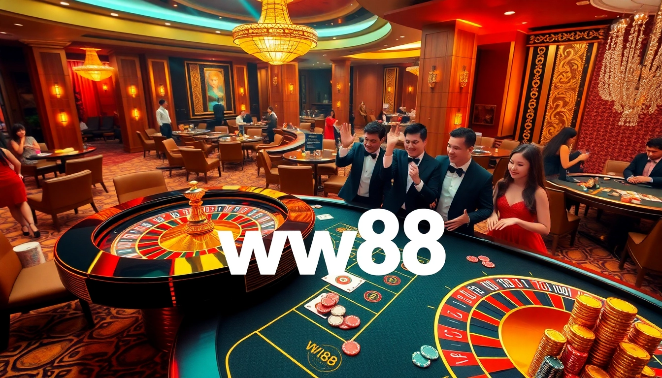 Experience high-stakes excitement with a ww88 casino table showcasing vibrant cards, chips, and players.