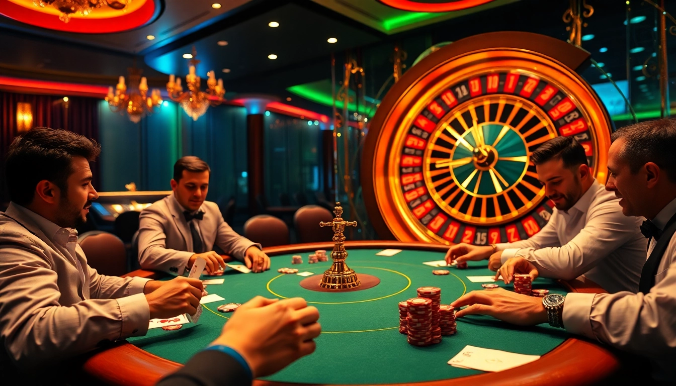 SX88 bet players engaging at a high-stakes poker table in a luxurious casino.