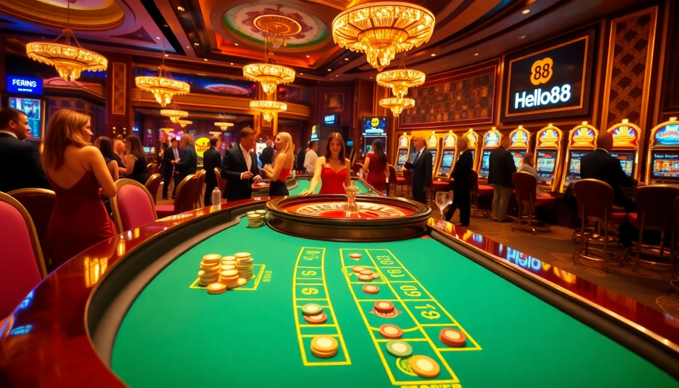 Hello88 players enjoy an exhilarating night at the casino with vibrant tables and bright slot machines.