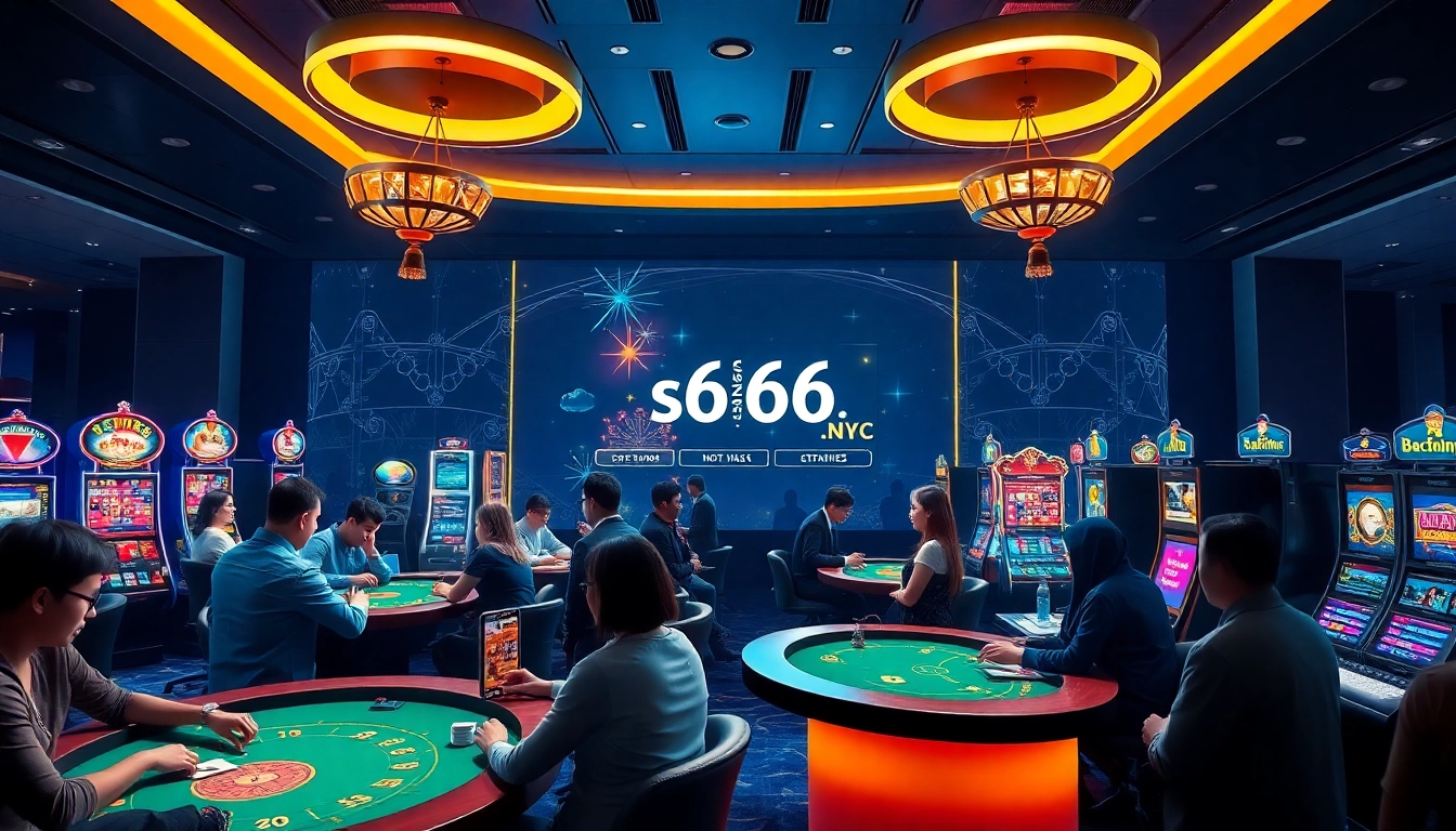 Experience the excitement of online gambling at s666.nyc, showcasing players enjoying various casino games in a secure, modern environment.