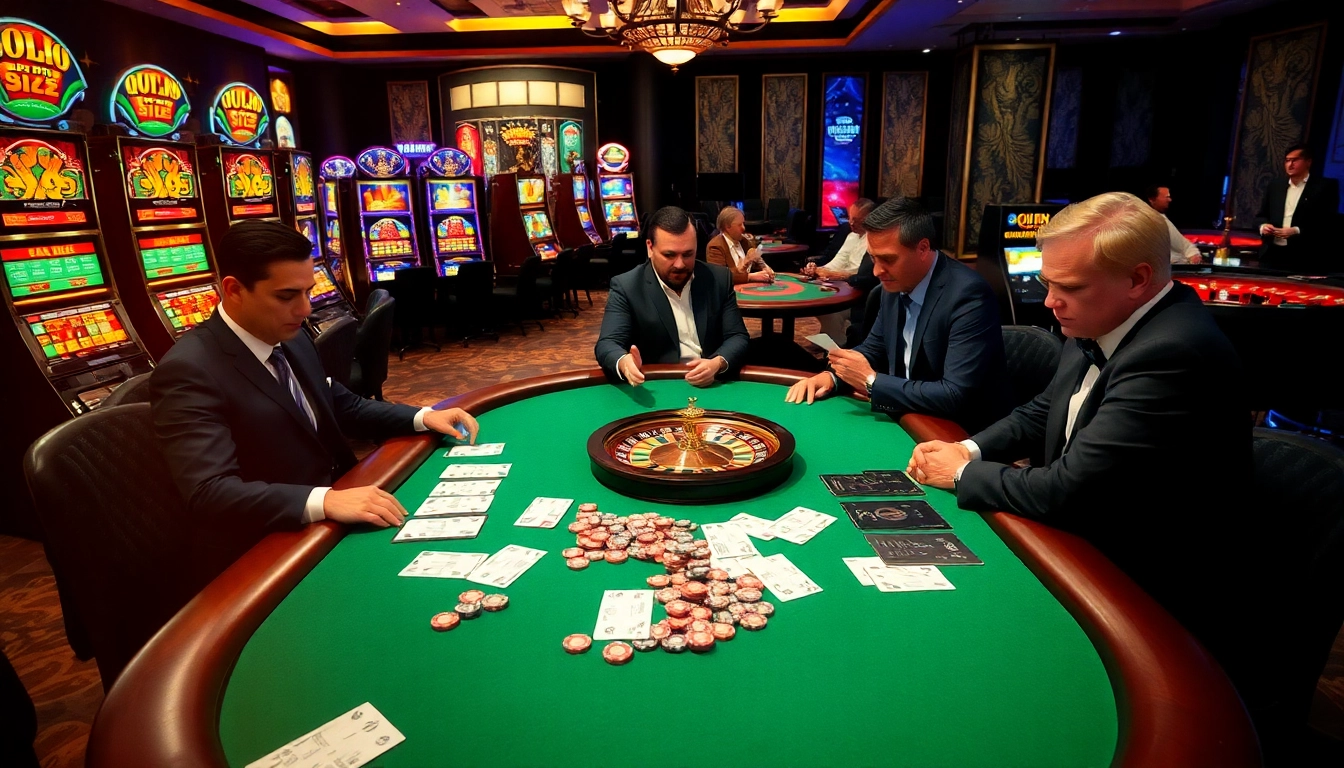 Kuwin players engaging at an upscale poker table with vibrant gaming slots in the background.