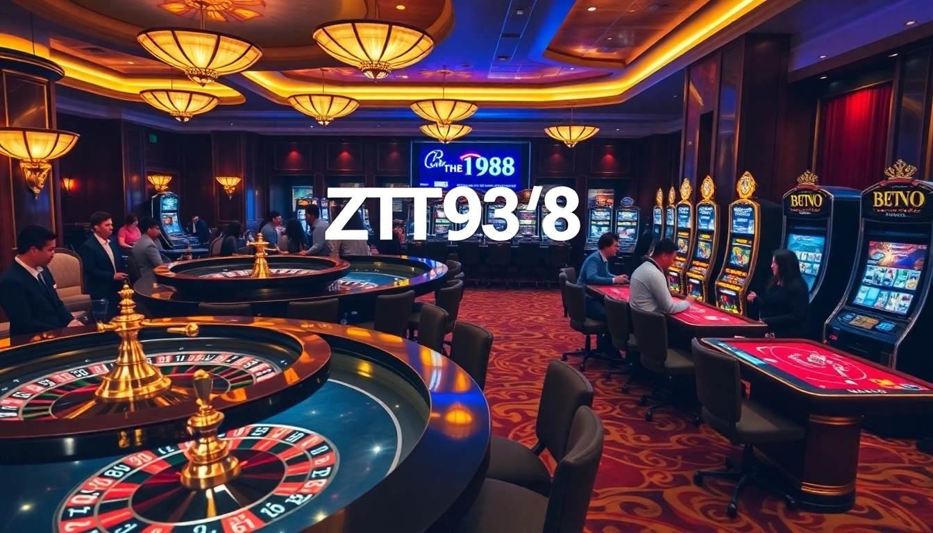 Experience the excitement of ZT9398 with luxurious casino gaming, including vibrant roulette wheels and slot machines.