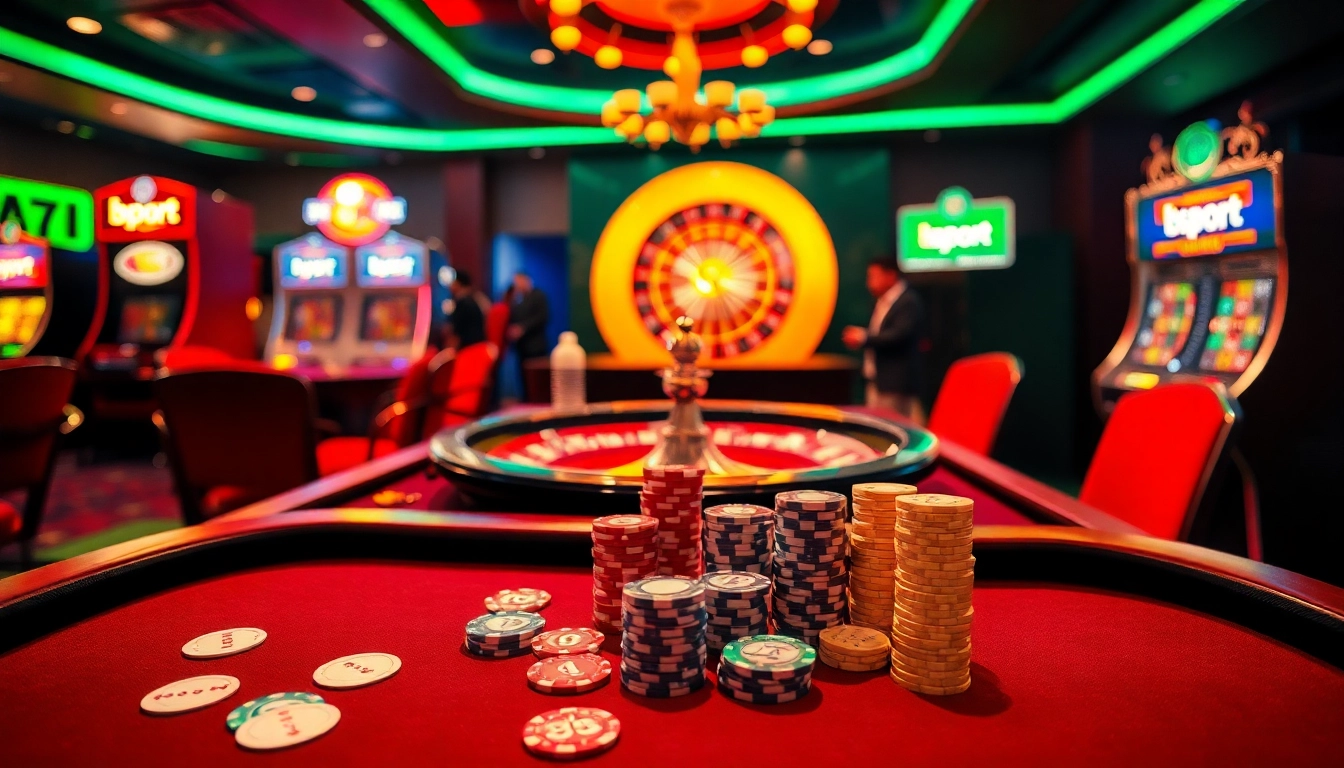 Players enjoying a thrilling game at Bsport's poker table, surrounded by casino elements.