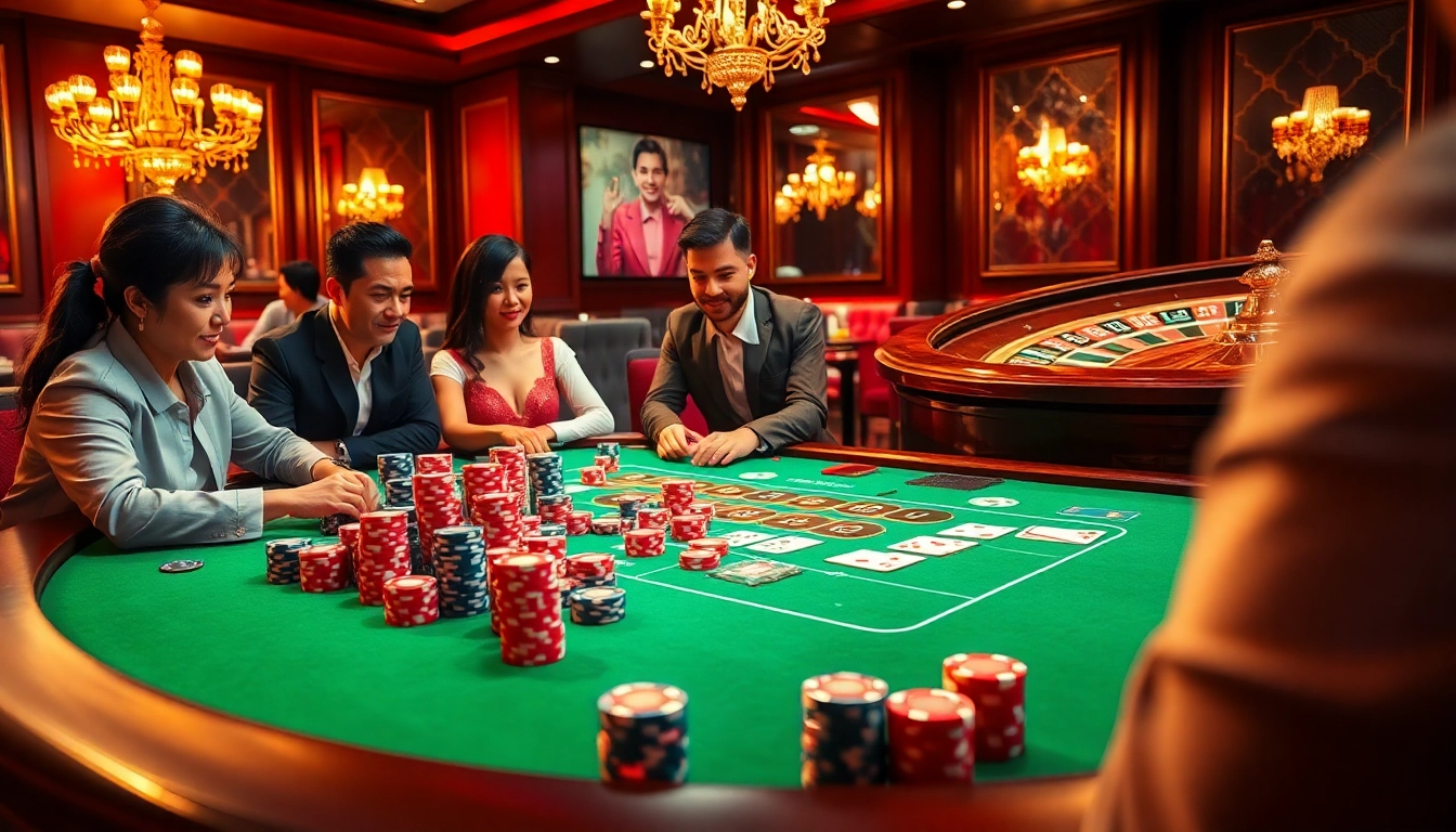 Engaged players at a King88 poker table, showcasing vibrant chips and an exciting roulette backdrop.