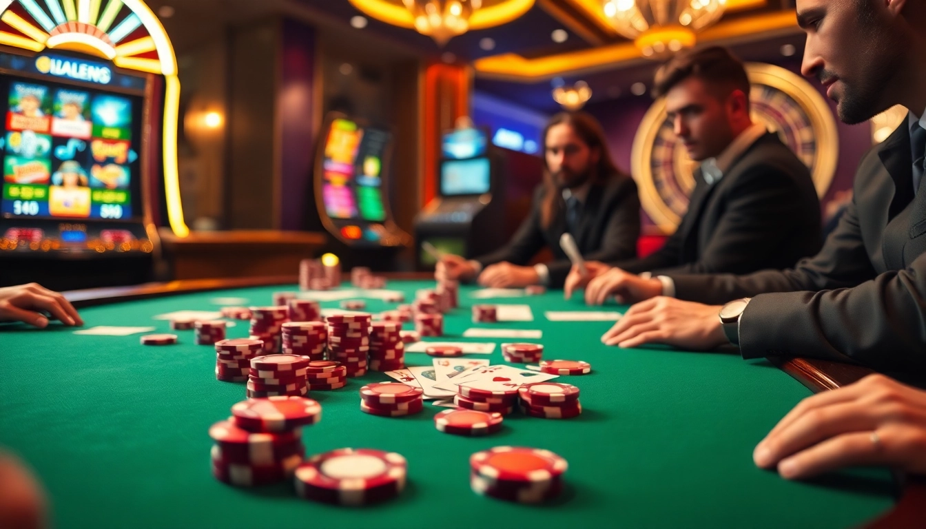 Players strategizing at an S8 casino table amidst vibrant slot machines and roulette wheels.