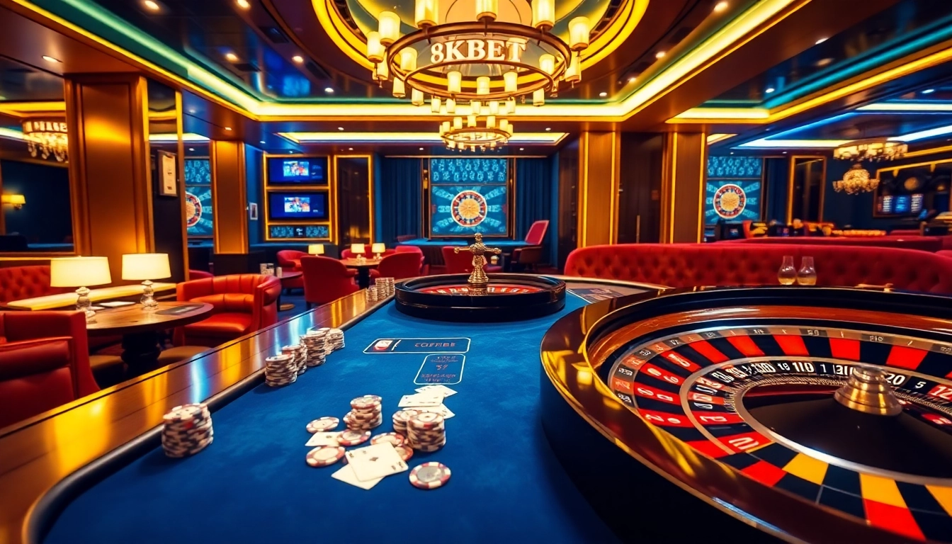 Experience the luxurious 8kbet vip gaming experience with a vibrant casino scene featuring poker and roulette.