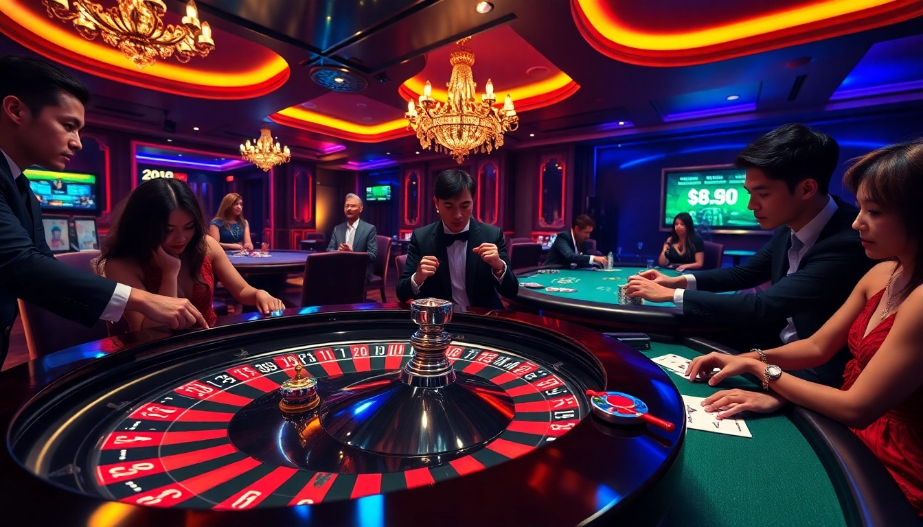 Experience excitement at https://xx88.day/ with a luxurious casino scene featuring roulette and poker tables.