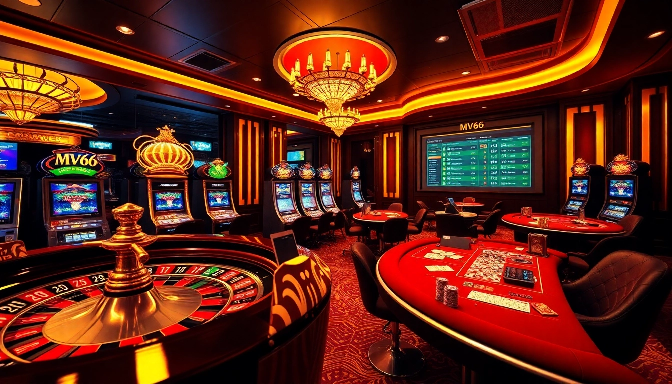 Gamblers engaging in animated gameplay at MV66 online casino with roulette and slot machines.