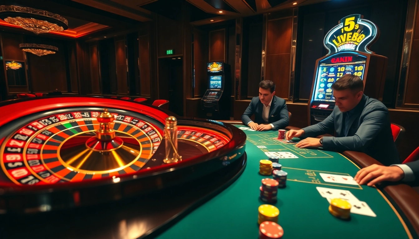 Experience the thrill of online gambling with https://five88.foo/ in a luxurious casino setting featuring a vibrant roulette wheel.