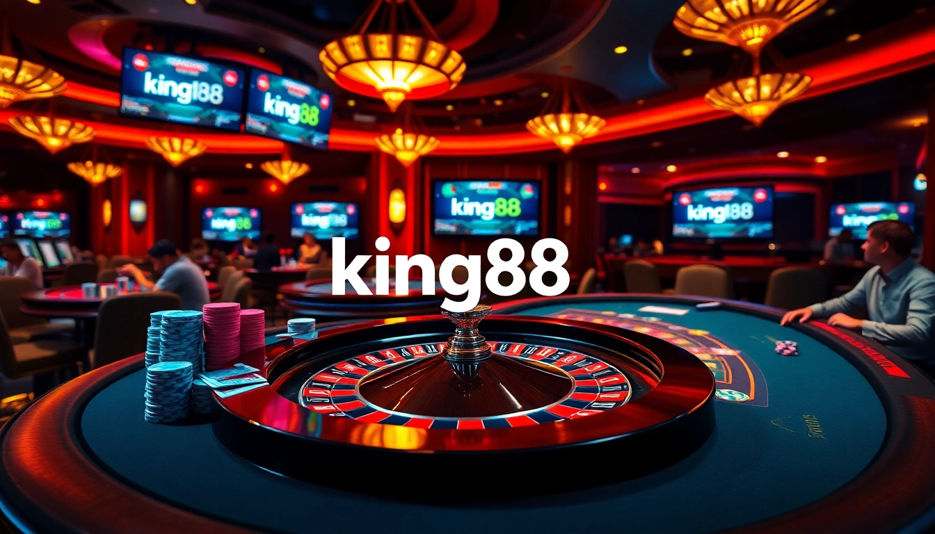 Experience the thrill of King88 with vibrant poker chips and gaming tables in action.