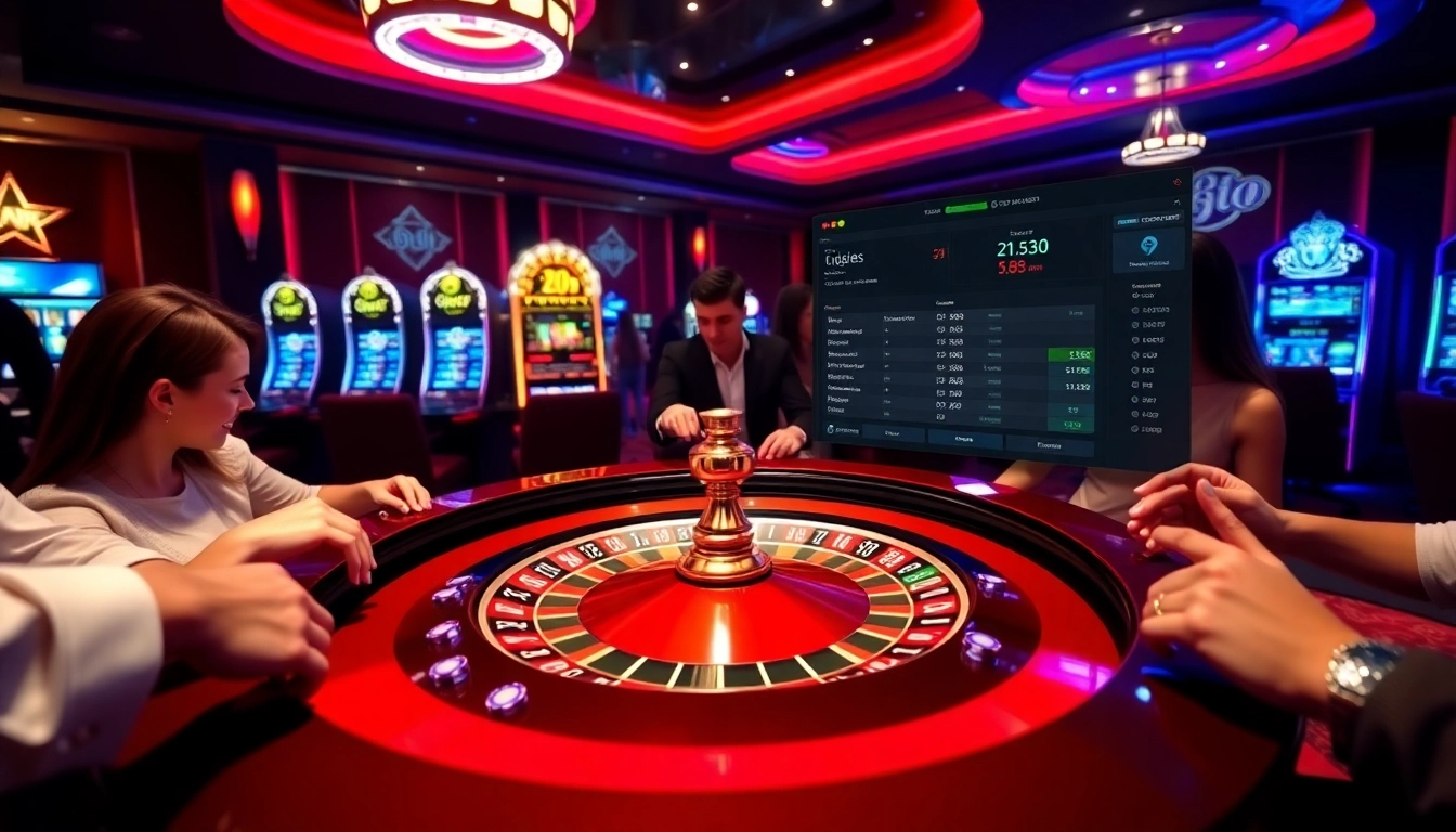 Excited players enjoying casino games at 9bet0.us.com with vibrant roulette and poker chips.