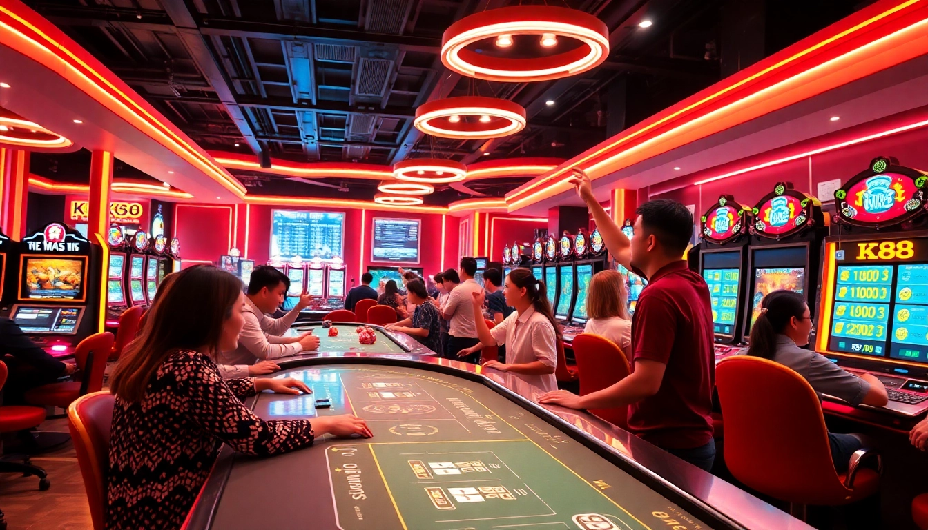 K88win online gambling experience with vibrant players and gaming tables.