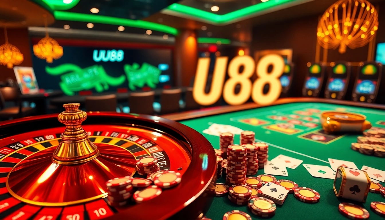 Engaging gamblers at the uu88 casino with luxurious tables and vibrant betting elements.