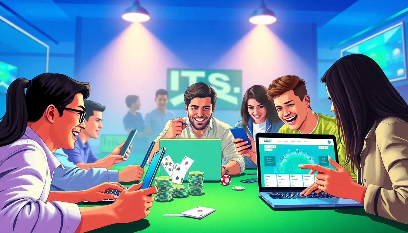 Exciting online gaming atmosphere featuring sbobet.dance, players engaged in betting on modern devices.