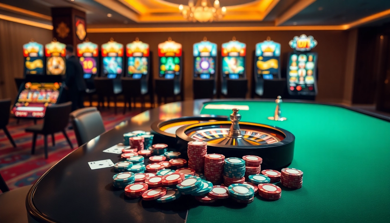 Experience the excitement of BL555 with engaging casino gaming visuals featuring poker tables and slot machines.