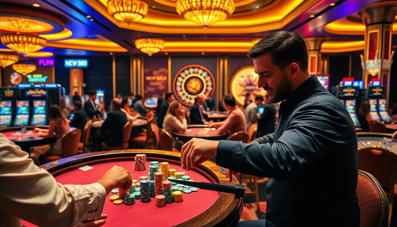 Gamblers enjoying a vibrant casino atmosphere at NEW88COM, playing roulette and poker with professional dealers.