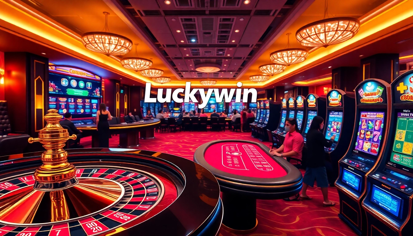 Players engage in thrilling Luckywin casino games with vibrant roulette and poker setups.
