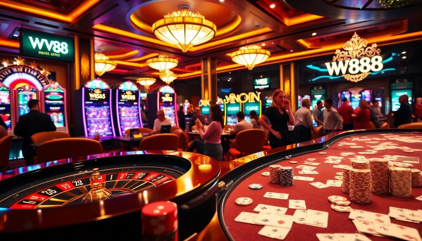 Play exciting casino games at WW88 with roulette wheels and colorful slot machines.