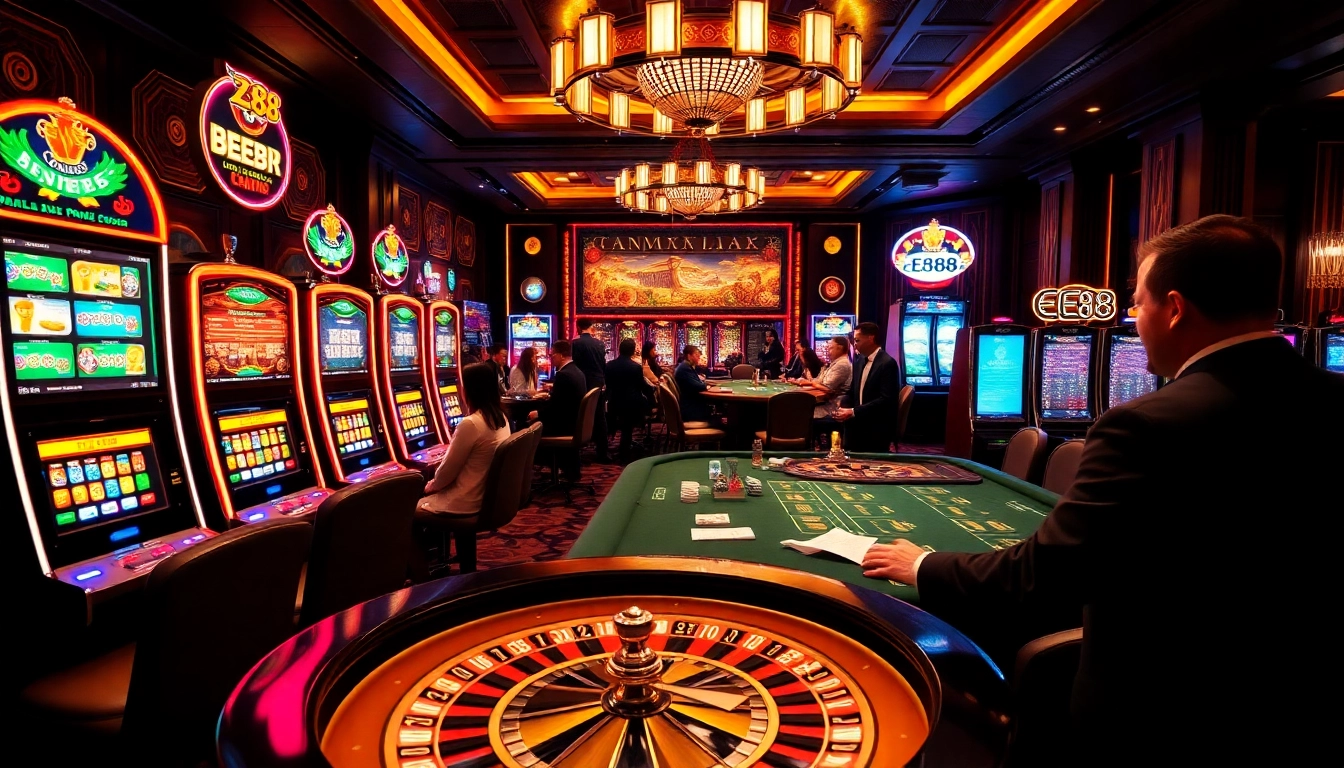 Players enjoying various casino games at EE88 with vibrant decor and exciting atmosphere.