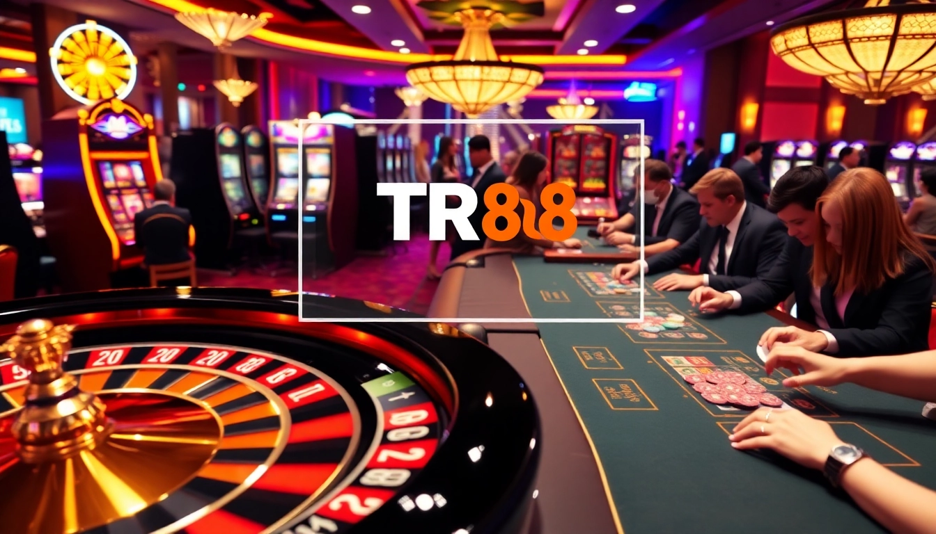 Engaging players at TR88 casino tables surrounded by vibrant slots and a roulette wheel.