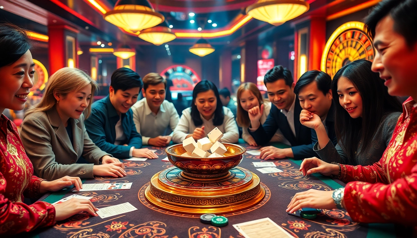 Excited players engaging in a thrilling xóc đĩa game at a vibrant casino table with colorful betting slips.