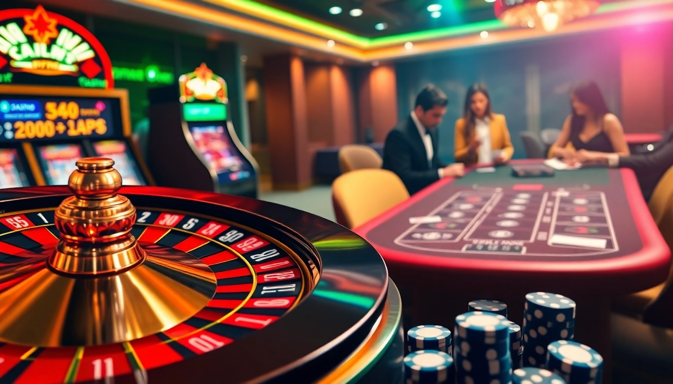 Gambling excitement at DF999 casino featuring poker tables, roulette wheel, and slot machines.