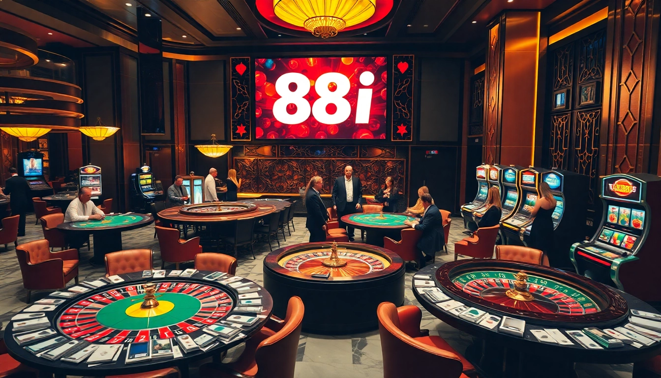 Gamblers enjoying high-stakes poker and engaging roulette games in a luxurious casino setting featuring 88i promotions.
