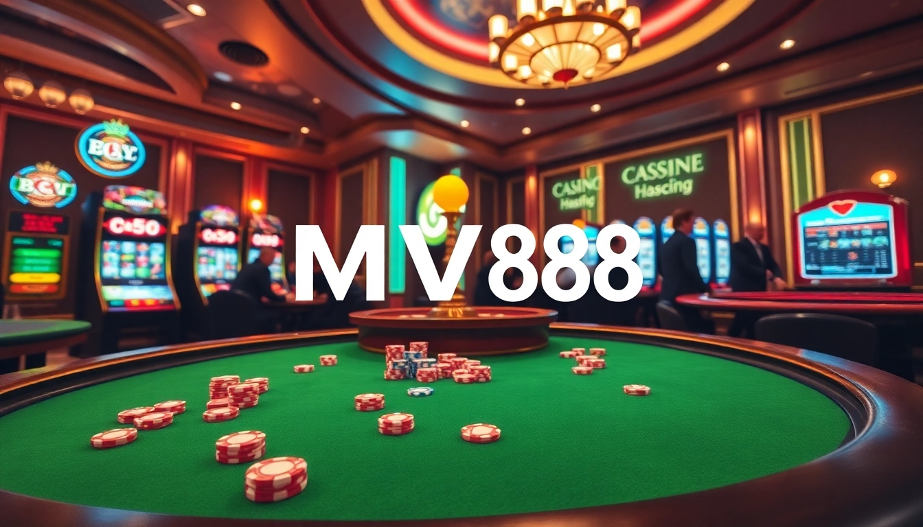 Experience the thrill of MV88 at a luxurious casino table with vibrant poker chips and games.