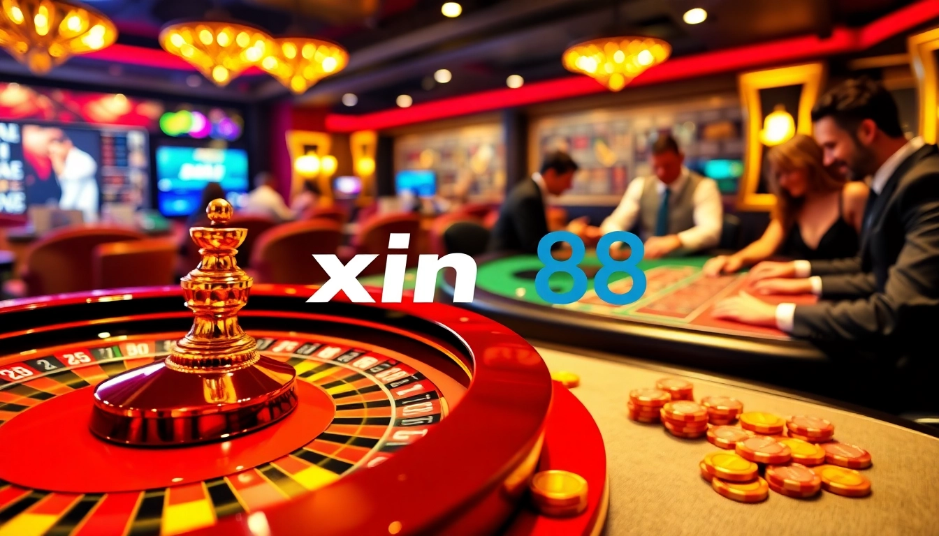 Engaging players at a luxury casino table with xin88 gaming elements, chips, and roulette wheel action.