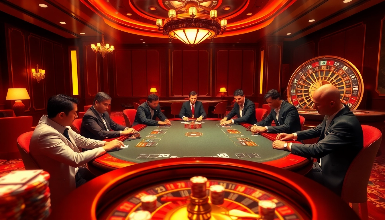 Players immerse themselves in a high-stakes poker game at ku88 casino, surrounded by luxurious decor.