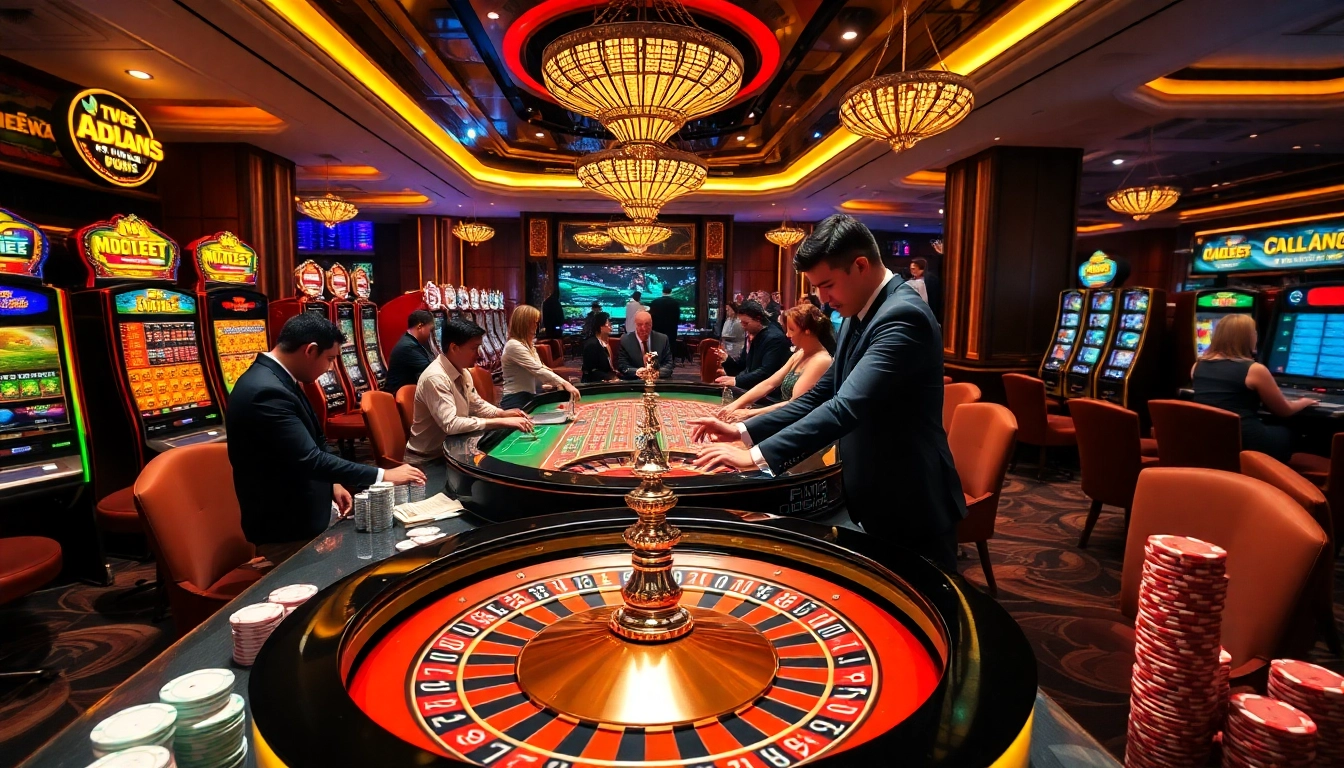 Players enjoying a thrilling game at nhà cái ok365 casino, placing bets on an elegant roulette table.