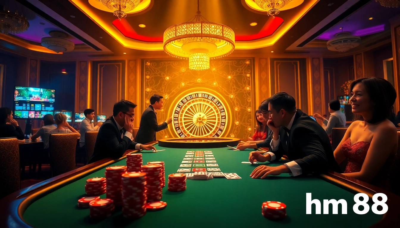 Experience the excitement of hm88 with vibrant casino visuals featuring poker and roulette action.