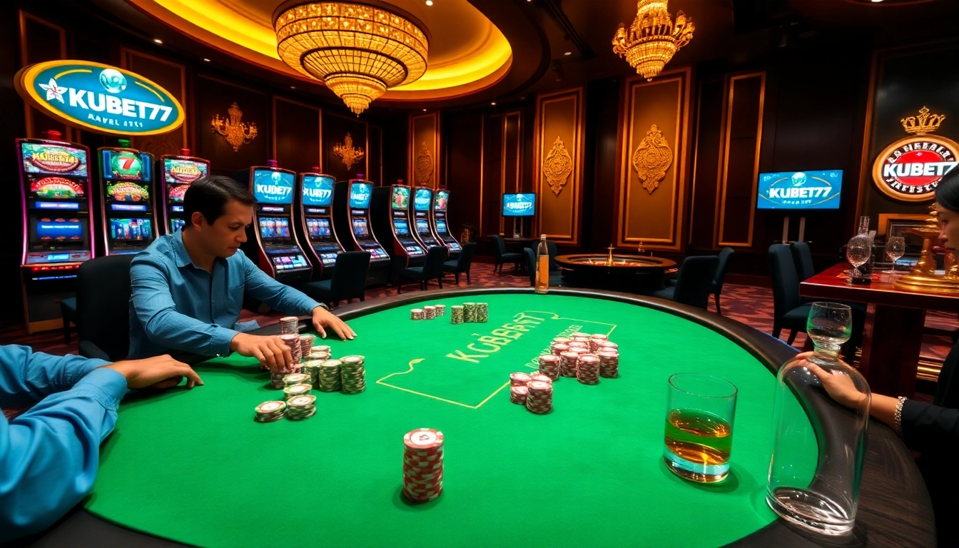 KUBET77 players enjoying a thrilling night at a luxurious casino poker table.